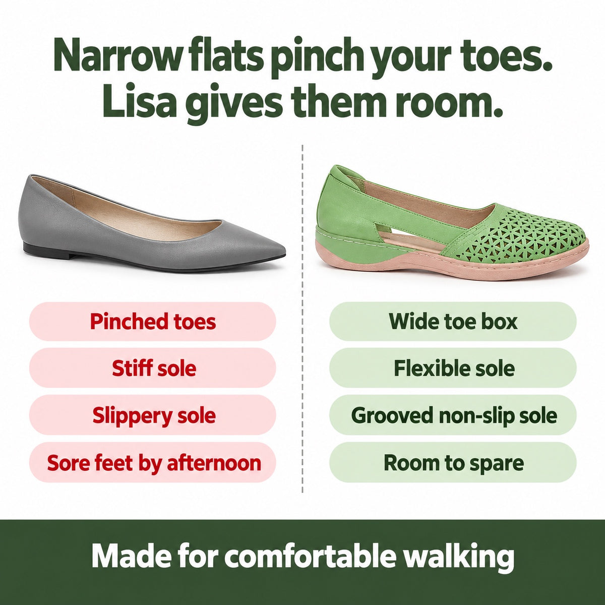 Lisa – Women's Wide Toe Box Shoes, compared with an ordinary shoe