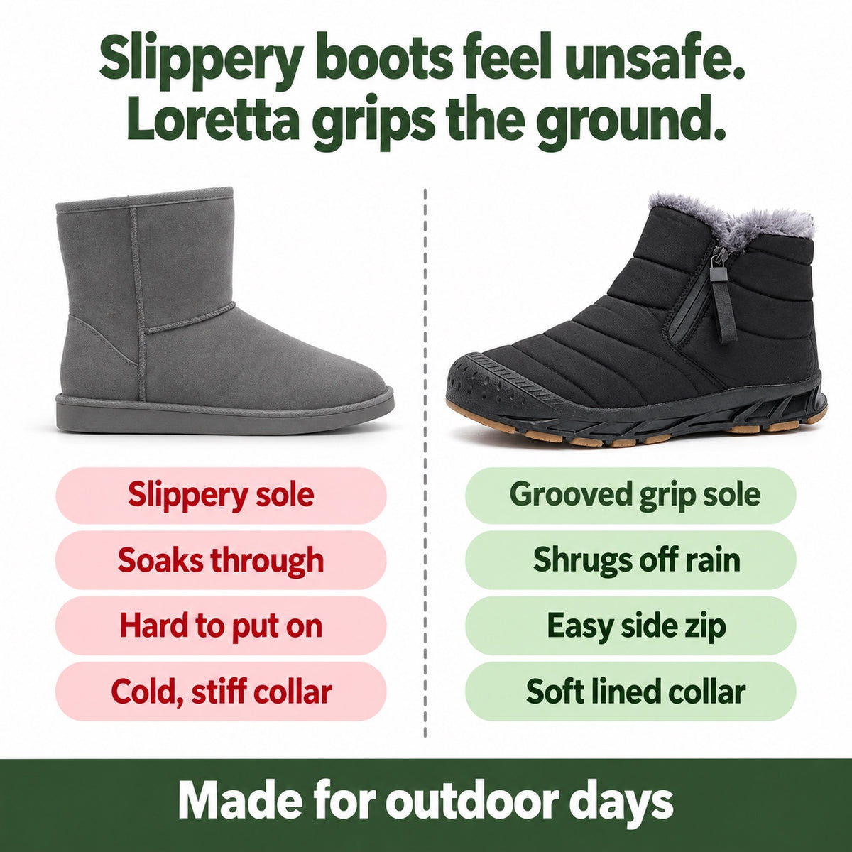 Loretta – Women's Comfort Boots, compared with an ordinary shoe