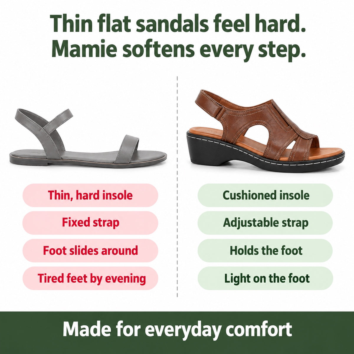 Mamie – Women's Comfortable Sandals, compared with an ordinary shoe
