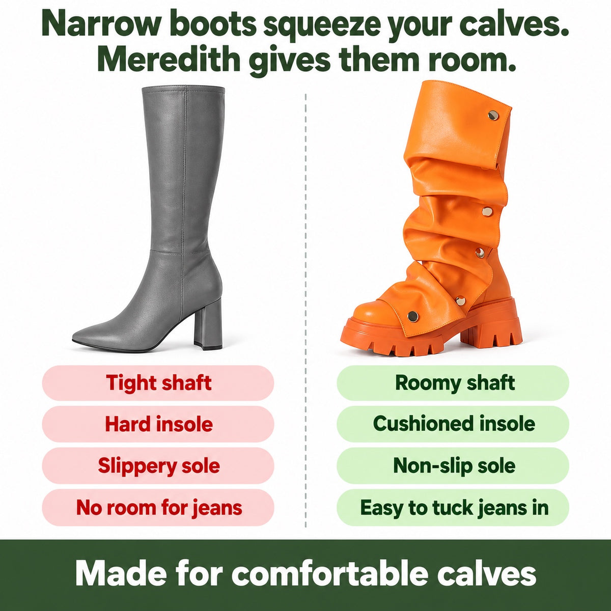 Meredith – Women's Wide Calf Boots, compared with an ordinary shoe
