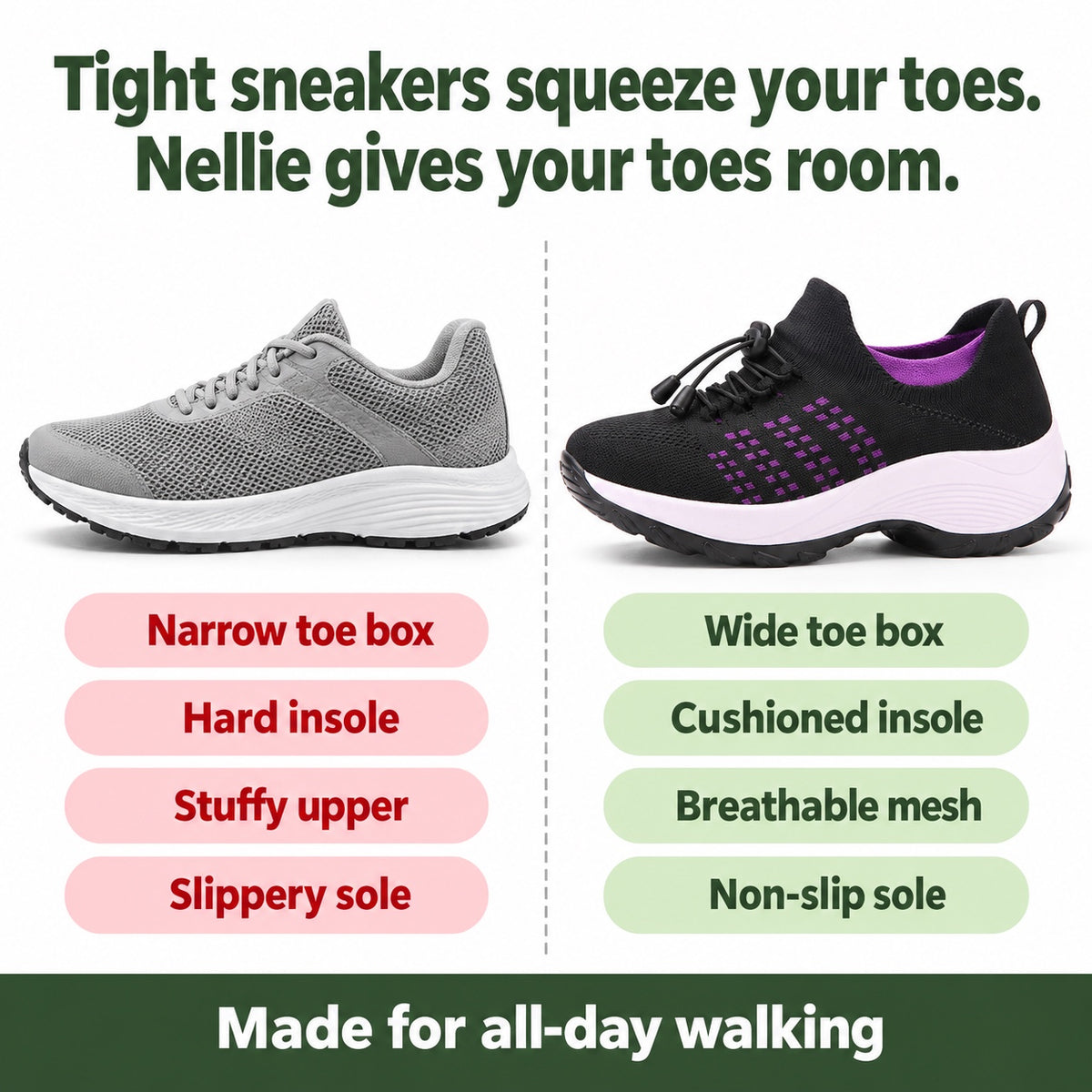 Nellie – Women's Wide Toe Box Sneakers, compared with an ordinary shoe