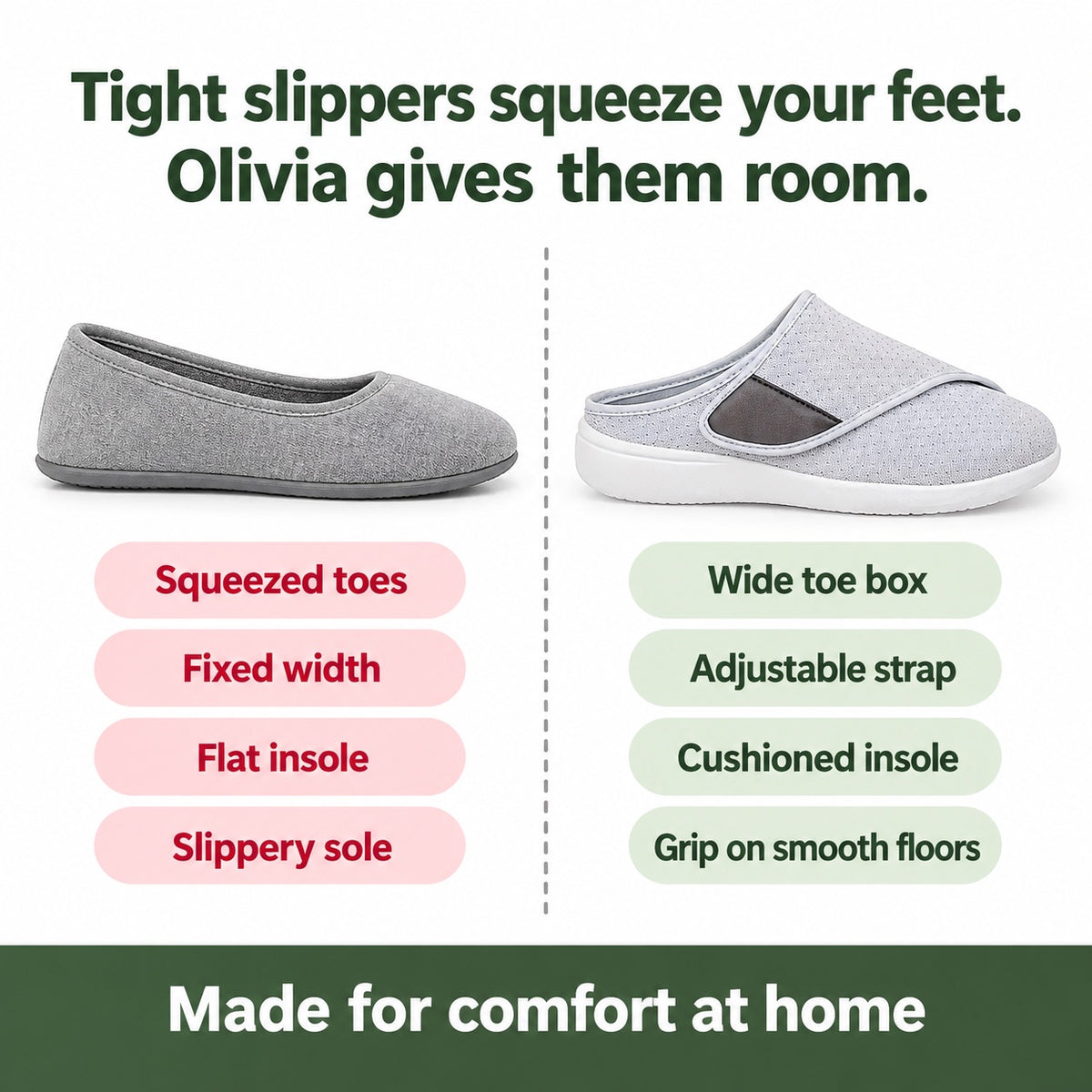 Olivia – Women's Comfort Slippers, compared with an ordinary shoe