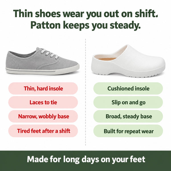 Patton – Unisex Nursing Clogs, compared with an ordinary shoe