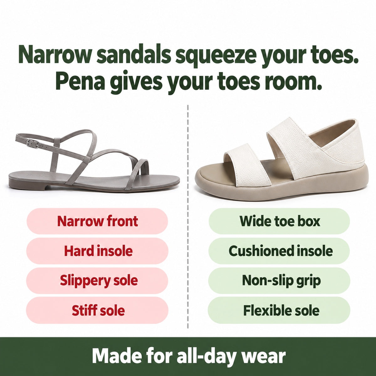 Pena – Unisex Wide Toe Box Sandals, compared with an ordinary shoe