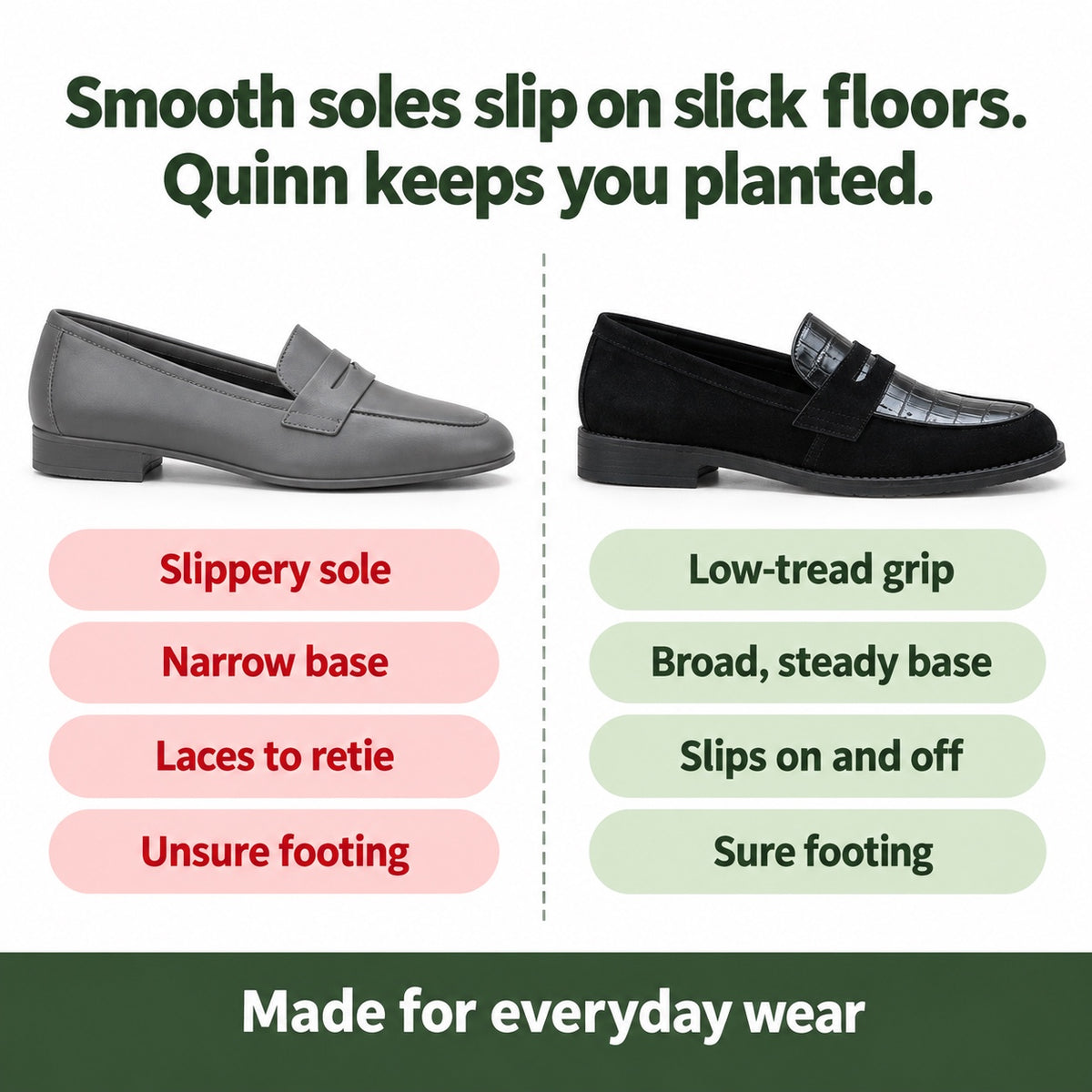 Quinn – Unisex Orthopedic Loafers, compared with an ordinary shoe