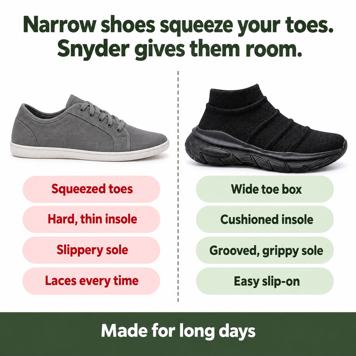 Snyder – Unisex Nursing Sneakers, compared with an ordinary shoe