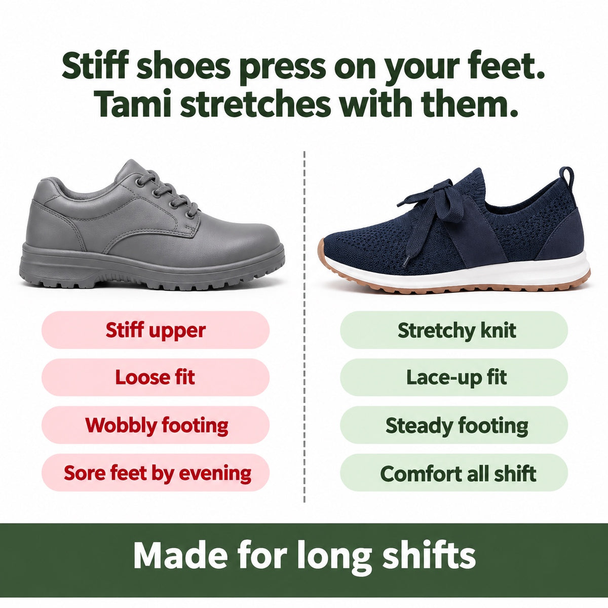 Tami – Women's Nursing Sneakers, compared with an ordinary shoe