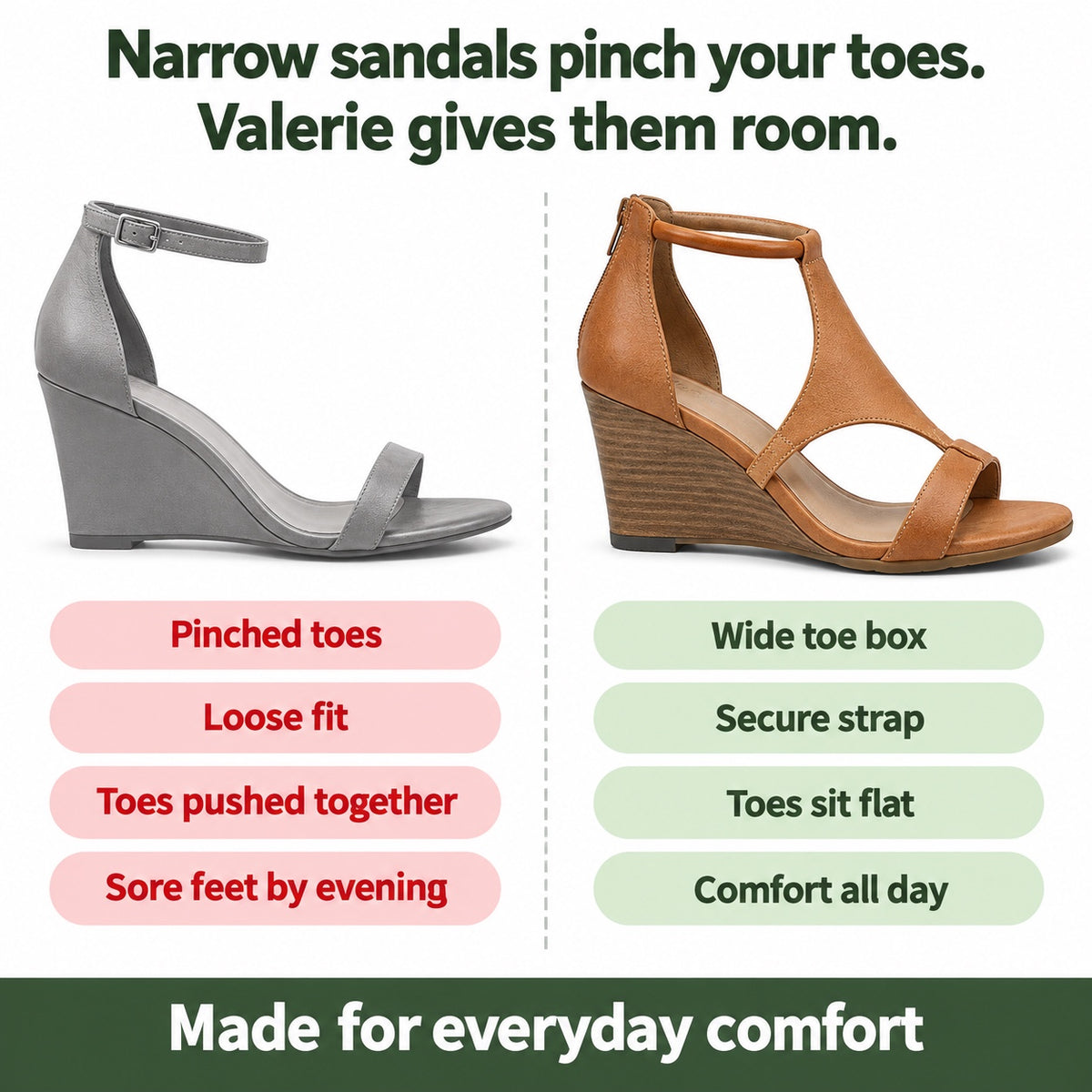 Valerie – Women's Wide Toe Box Sandals, compared with an ordinary shoe