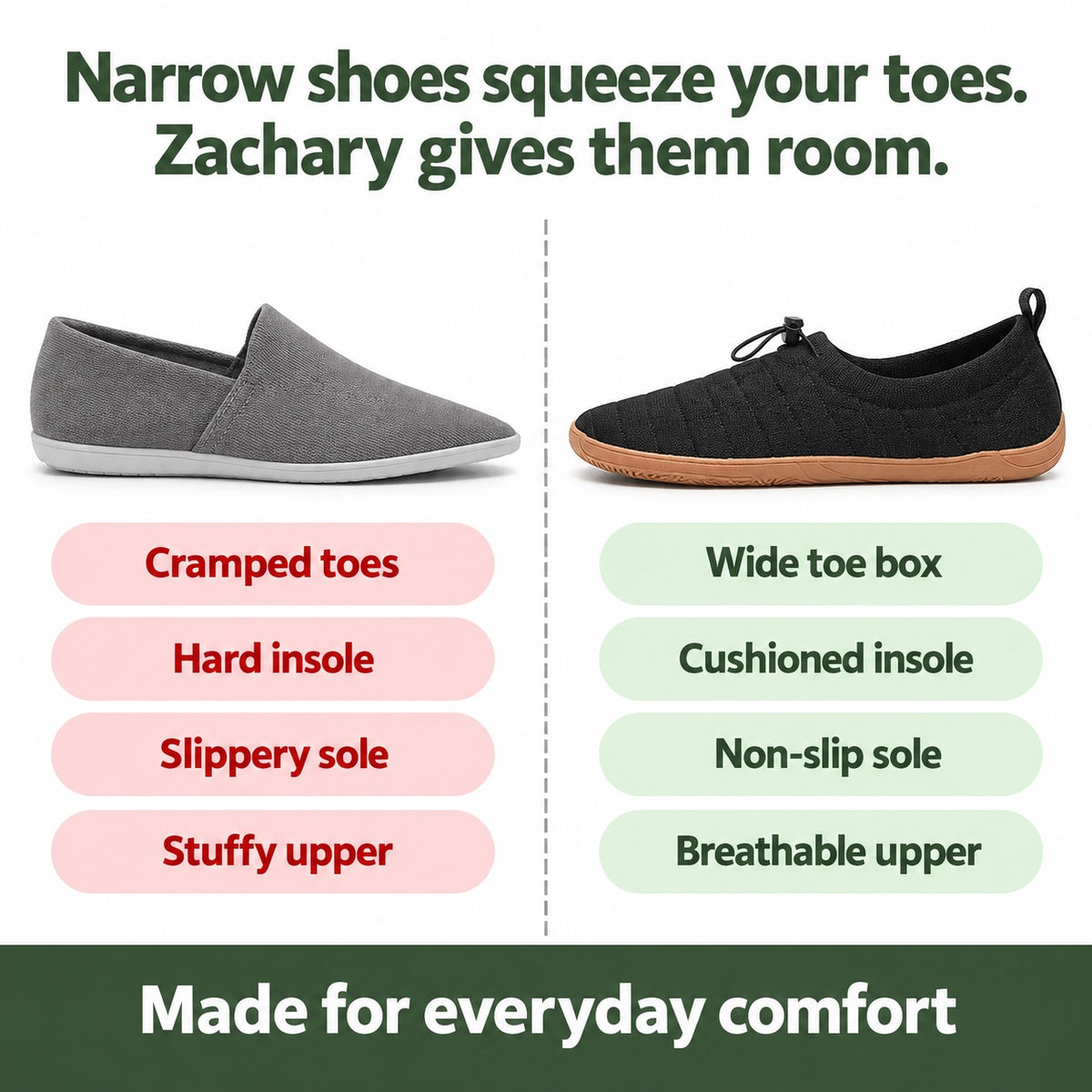 Zachary – Men's Barefoot Sneakers, compared with an ordinary shoe